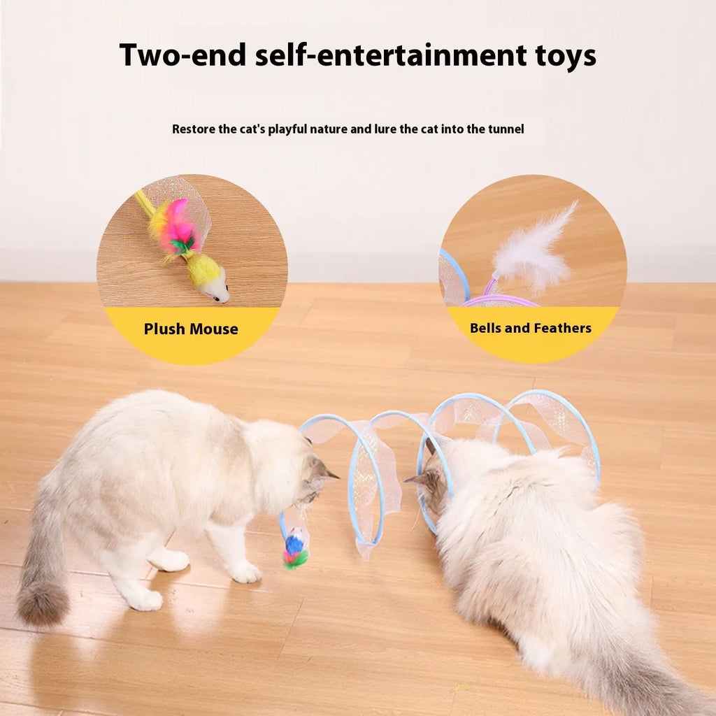 S-shaped cat tunnel toy with steel wire frame, elastic netting walls, and colourful feather attachments