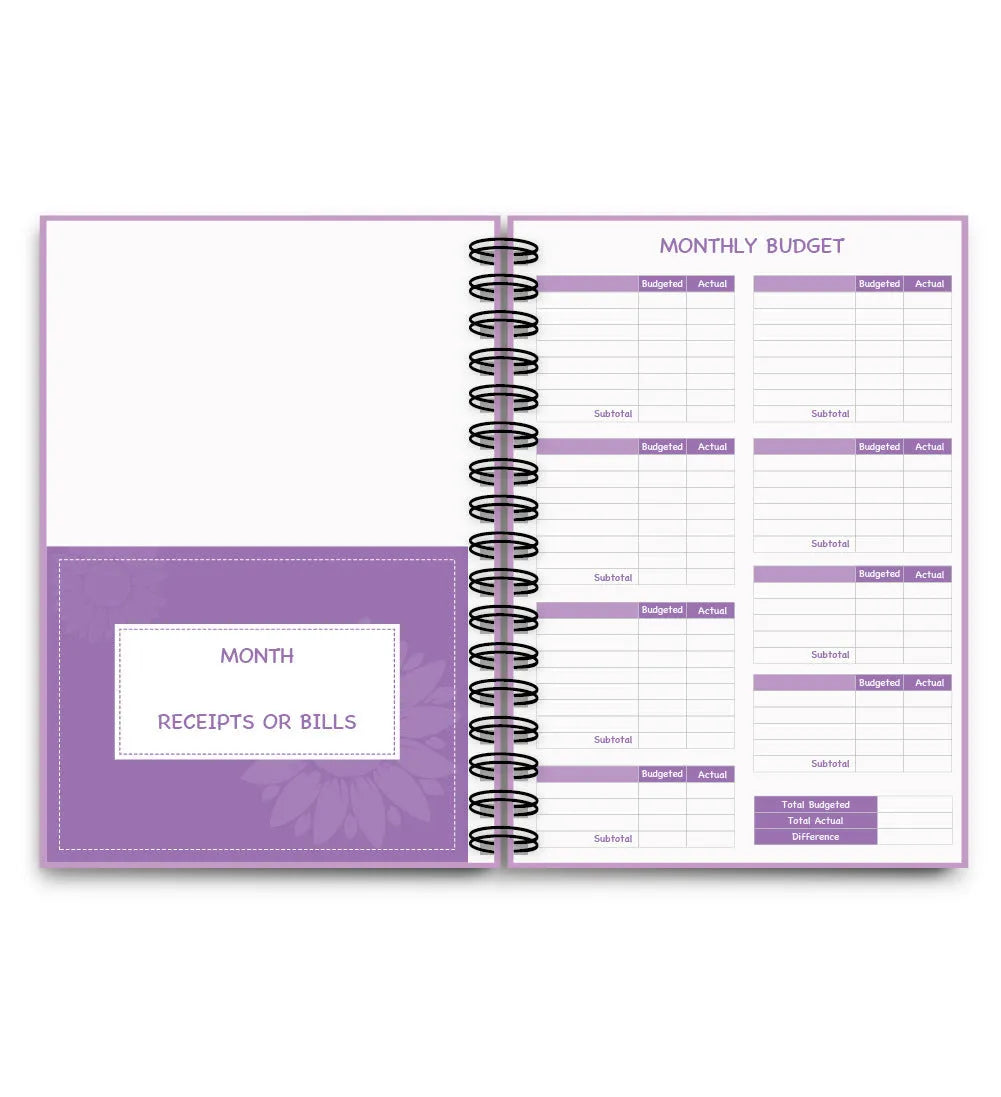 Purple coil-bound financial planning notebook with budget stickers and paper clips on A5 page