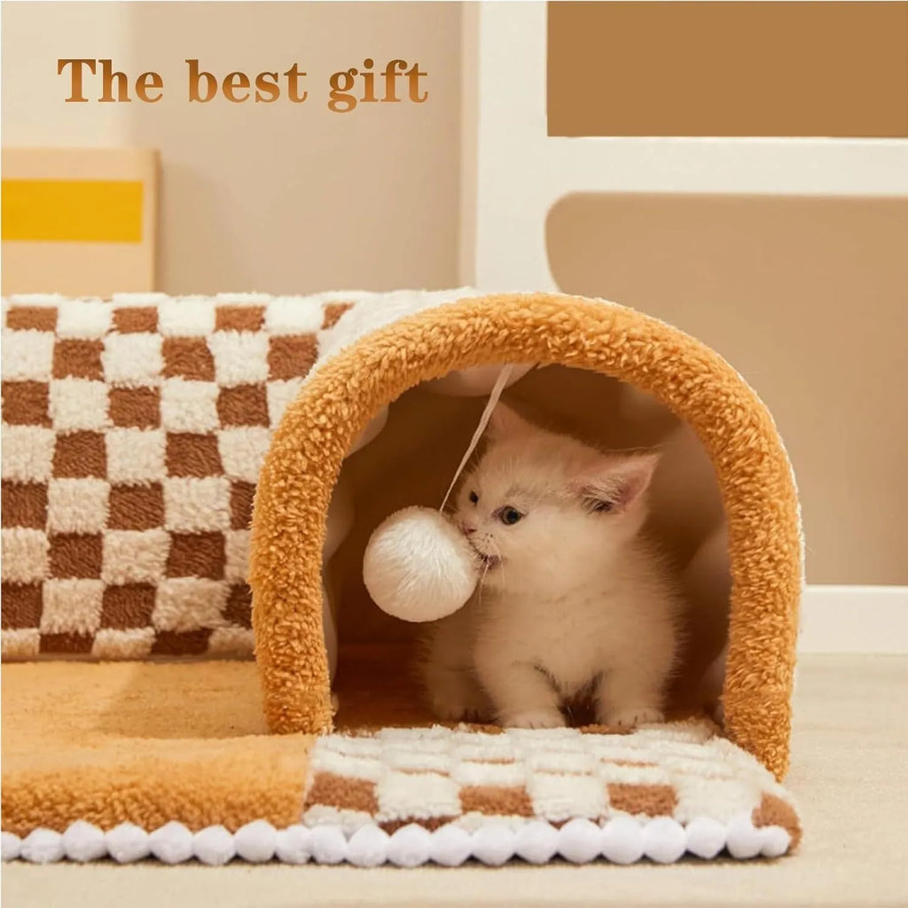 Brown plaid collapsible cat tunnel bed with central mat and zipper for indoor cats.