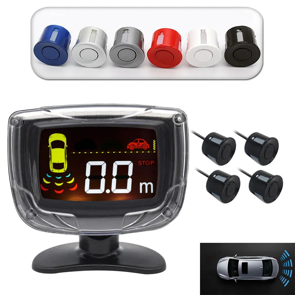 Wireless reversing sensor system with main unit, four probes, digital display, and installation accessories