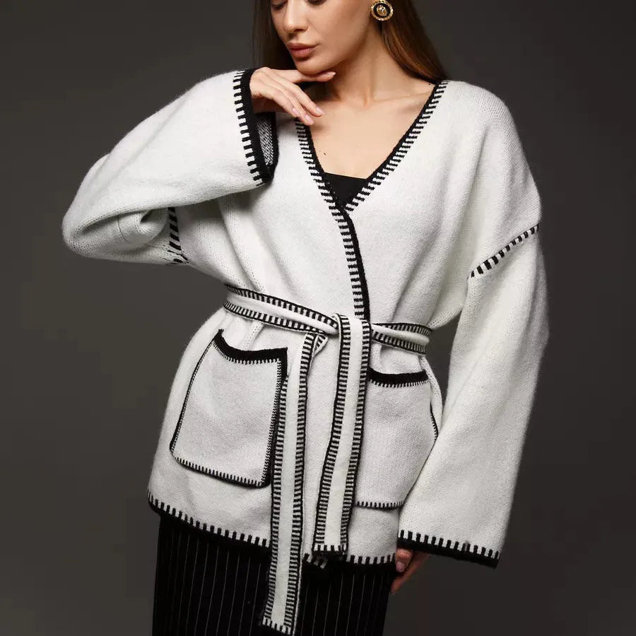 Women's lace-up knitted cotton cardigan in mid-length loose fit