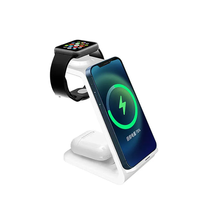 White upright wireless charging phone stand holding a mobile phone, with a black Type-C cable plugged in.