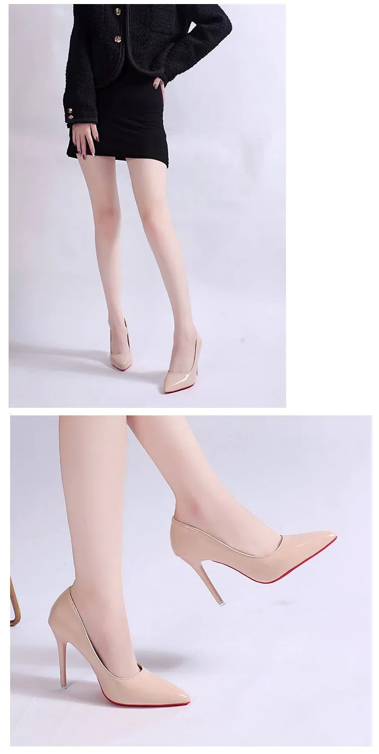 Women's solid colour stiletto heel pumps with pointed toe and shallow mouth design.
