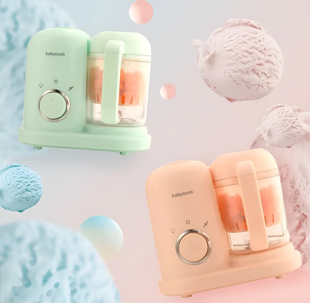 Baby food processor with steamer and blender functions in green or pink colour