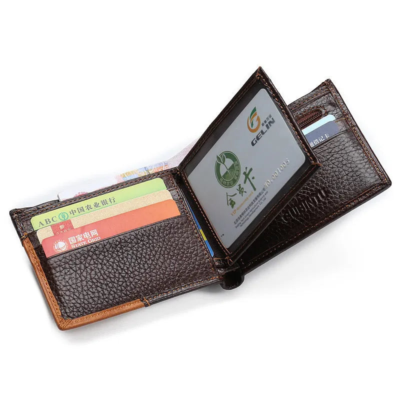 A Korean-style cowhide leather tri-fold wallet with personality stitching and a contrast colour interior.