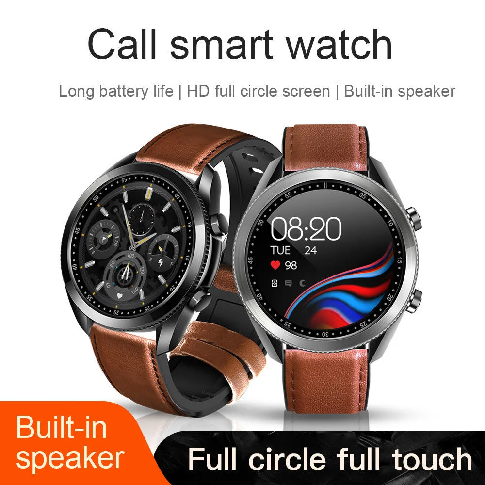 UM90 smartwatch with large screen on leather strap, showing fitness stats and call function interface.