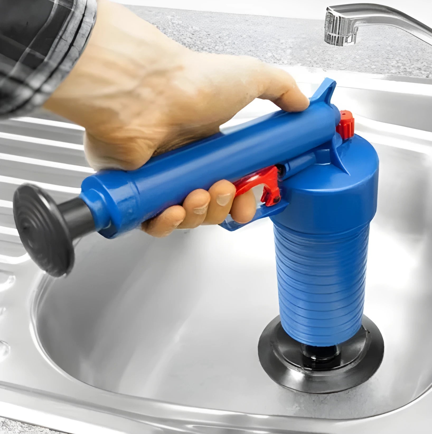 Manual high-pressure plastic drain blaster gun with four rubber suction cup adaptors for unblocking pipes.