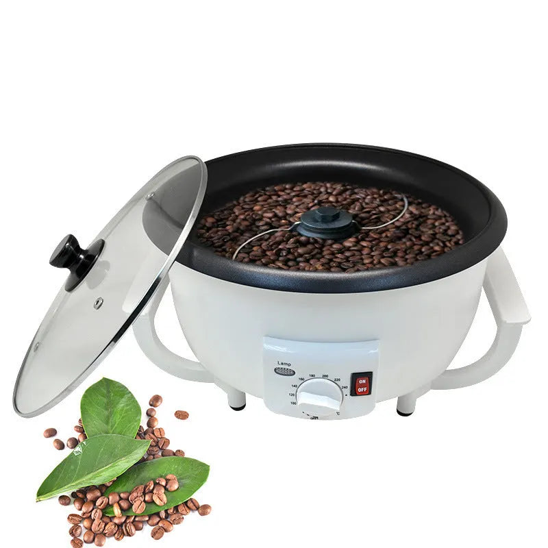 White oblate home coffee bean roasting machine with 750g capacity and 225mm base.