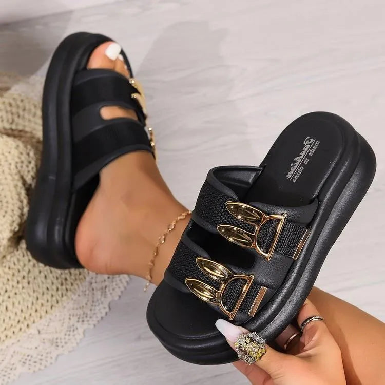 Women's suede upper slippers with thick rubber sole in apricot, black, and off white colours.