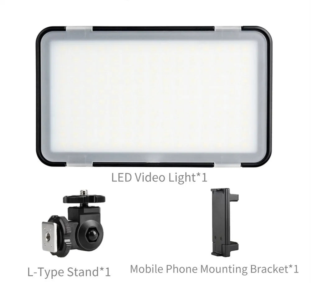 Shenniu M150 ultra-thin silver LED video light panel with 150 beads, shown with L-bracket for phone or camera mounting.