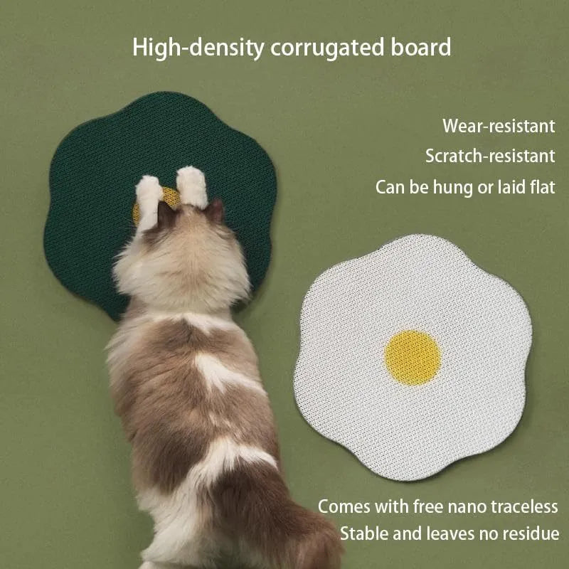 Grey wall mounted cat scratching board made of corrugated cardboard attached to a door