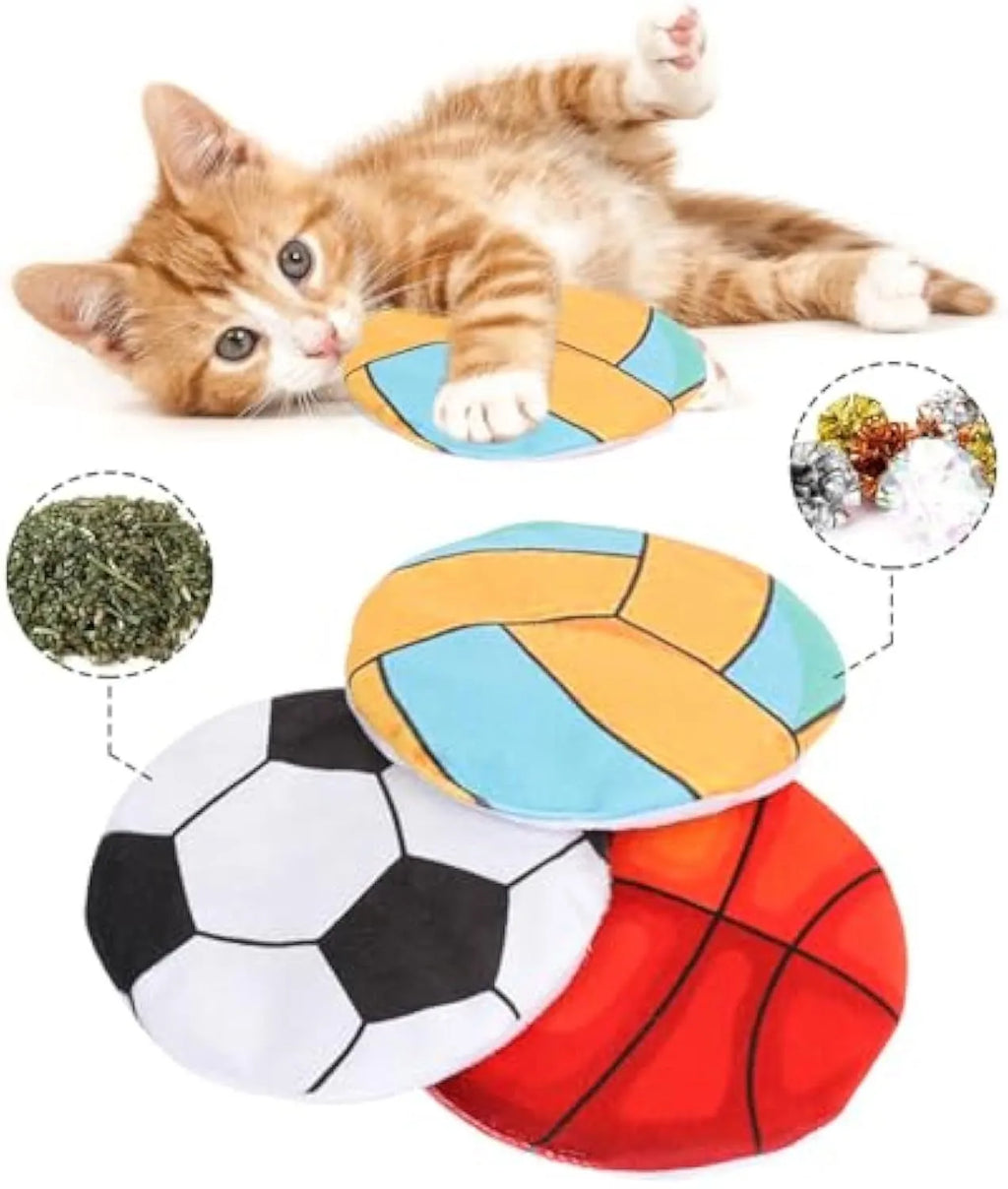 Plush cat flying disc toy with basketball pattern containing catnip and crinkle material