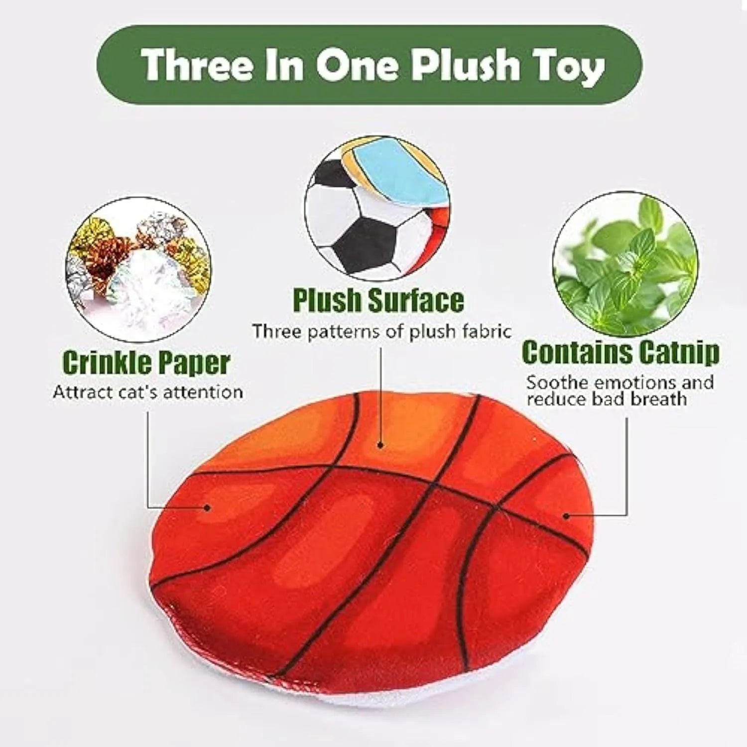 Plush cat flying disc toy with basketball pattern containing catnip and crinkle material
