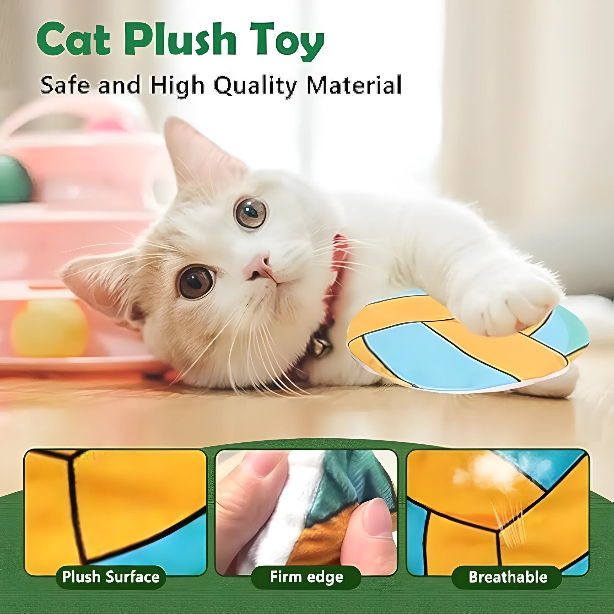 Plush cat flying disc toy with basketball pattern containing catnip and crinkle material