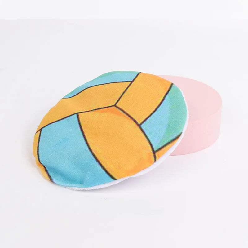 Plush cat flying disc toy with basketball pattern containing catnip and crinkle material