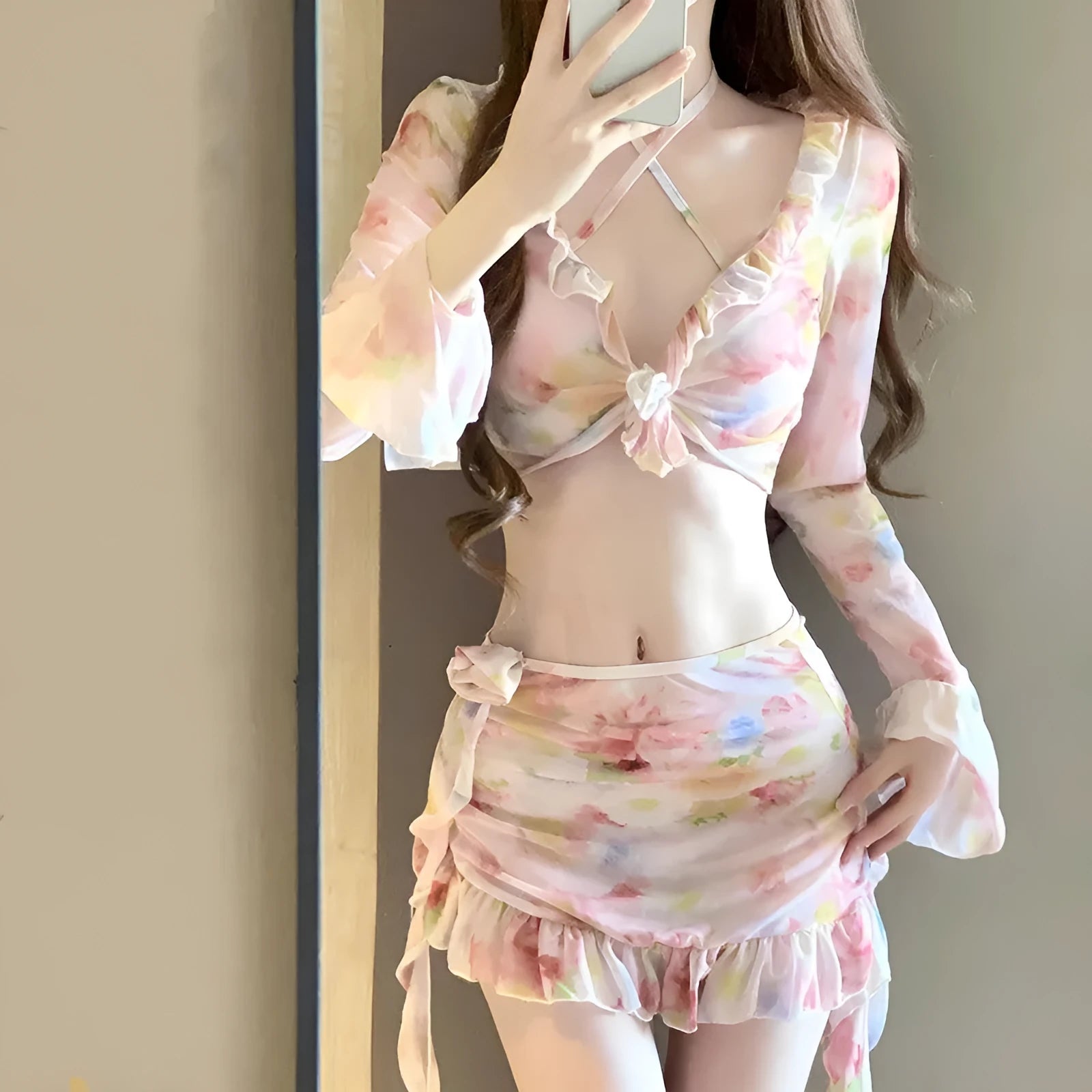 Women's floral print swimsuit bikini set cherry blossom powder colour