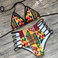 Women's digital print bikini swimsuit with high-waist briefs and backless design