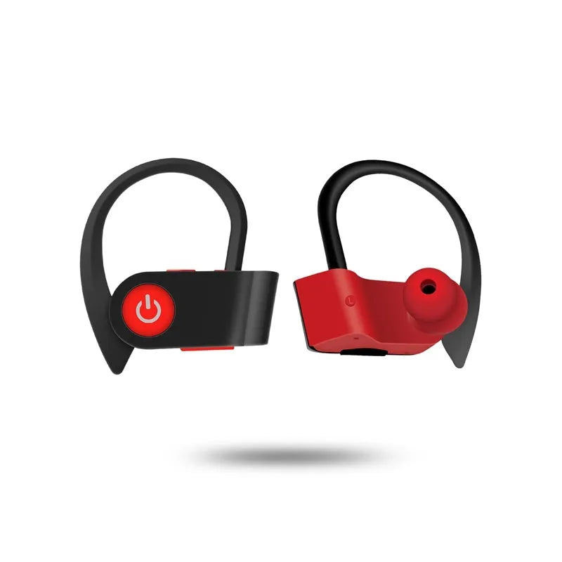 Black Bluetooth earphones with ergonomic design showing LED indicators and control buttons