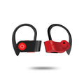 Black Bluetooth earphones with ergonomic design showing LED indicators and control buttons