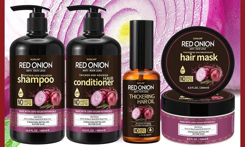 Red onion shampoo conditioner set with four bottles: 500ml shampoo, 500ml conditioner, 250ml hair mask and 50ml essential oil