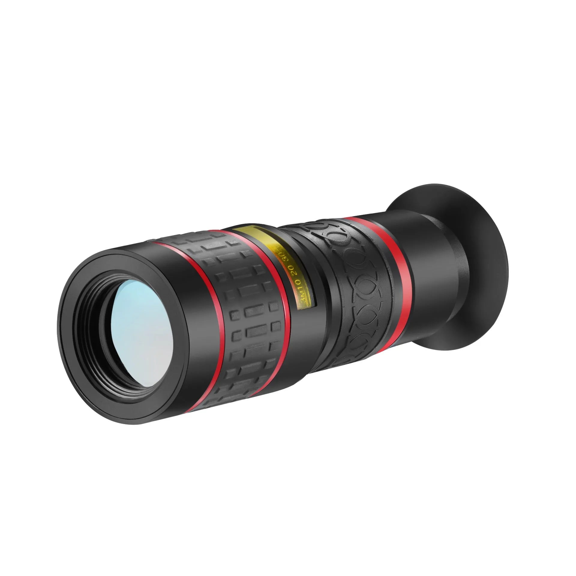 20x magnification smartphone telescope lens with universal mounting clip and eyecup mask on a table.