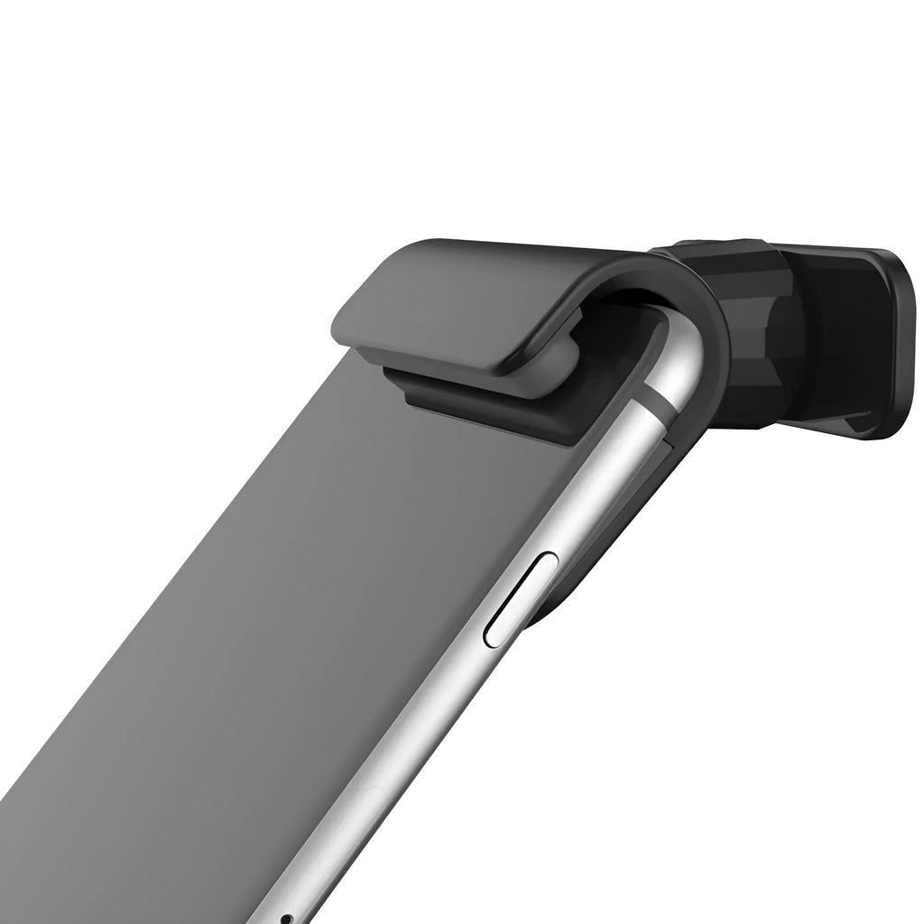 Black universal car phone holder with 360-degree rotating ball joint on a car dashboard.