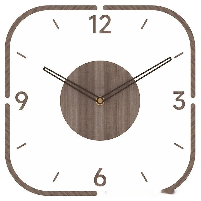Transparent wooden wall clock with modern design measuring 35cm square