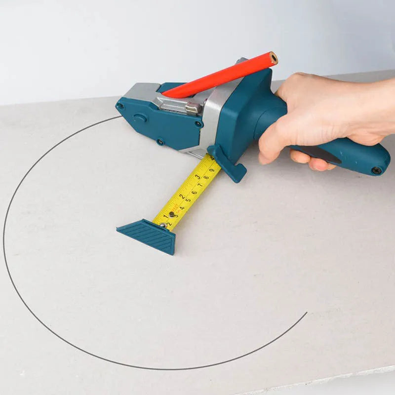 Blue aluminium alloy and plastic woodworking cutter with a measuring scale and one-press lock.