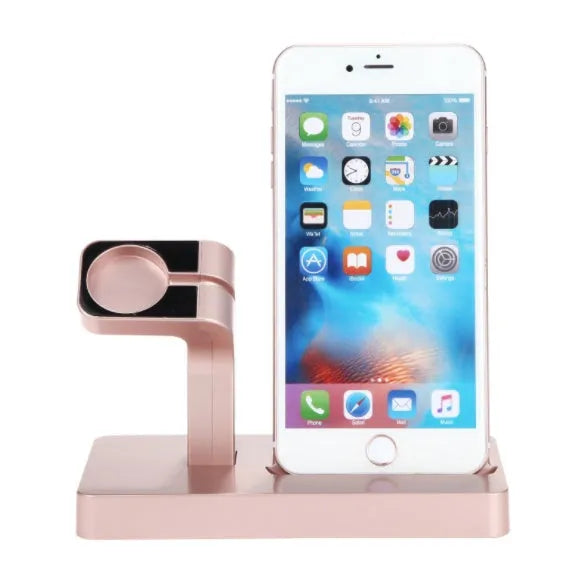White 2 in 1 desktop charging dock station holding an iPhone and an Apple Watch upright.