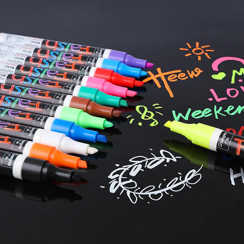 Refillable fluorescent board pen with 6mm chisel tip and pressure valve design in plastic shell
