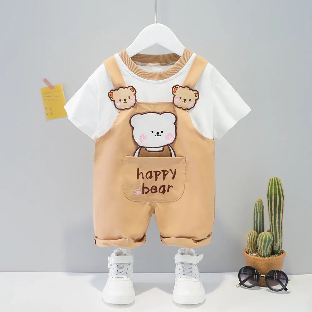 Yellow cotton baby short-sleeved overalls with cartoon print and adjustable straps