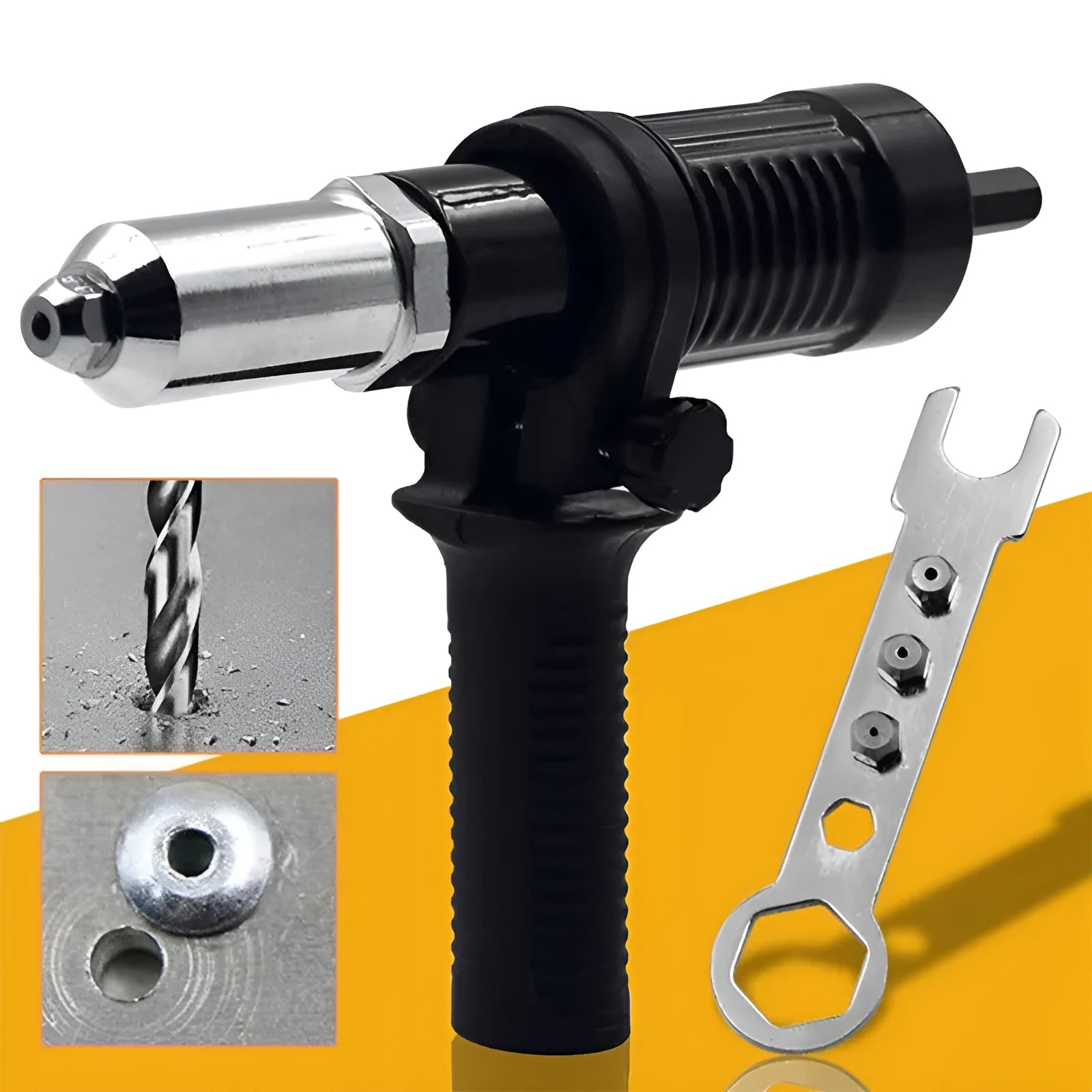 Black metal electric drill rivet gun attachment, 173mm long with alloy steel head.