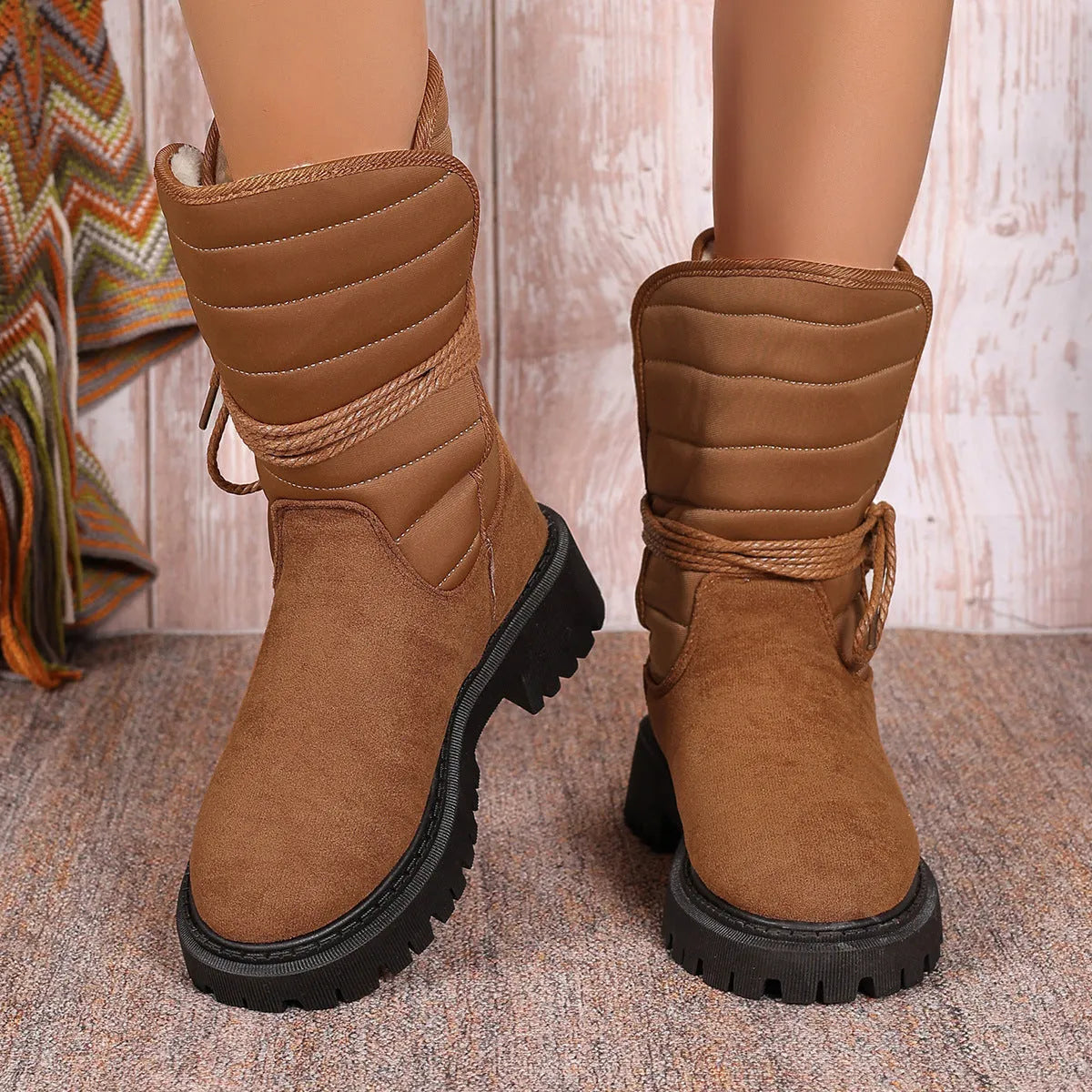 Women's black suede snow boots with chunky heel and lace-up design showing fleece lining