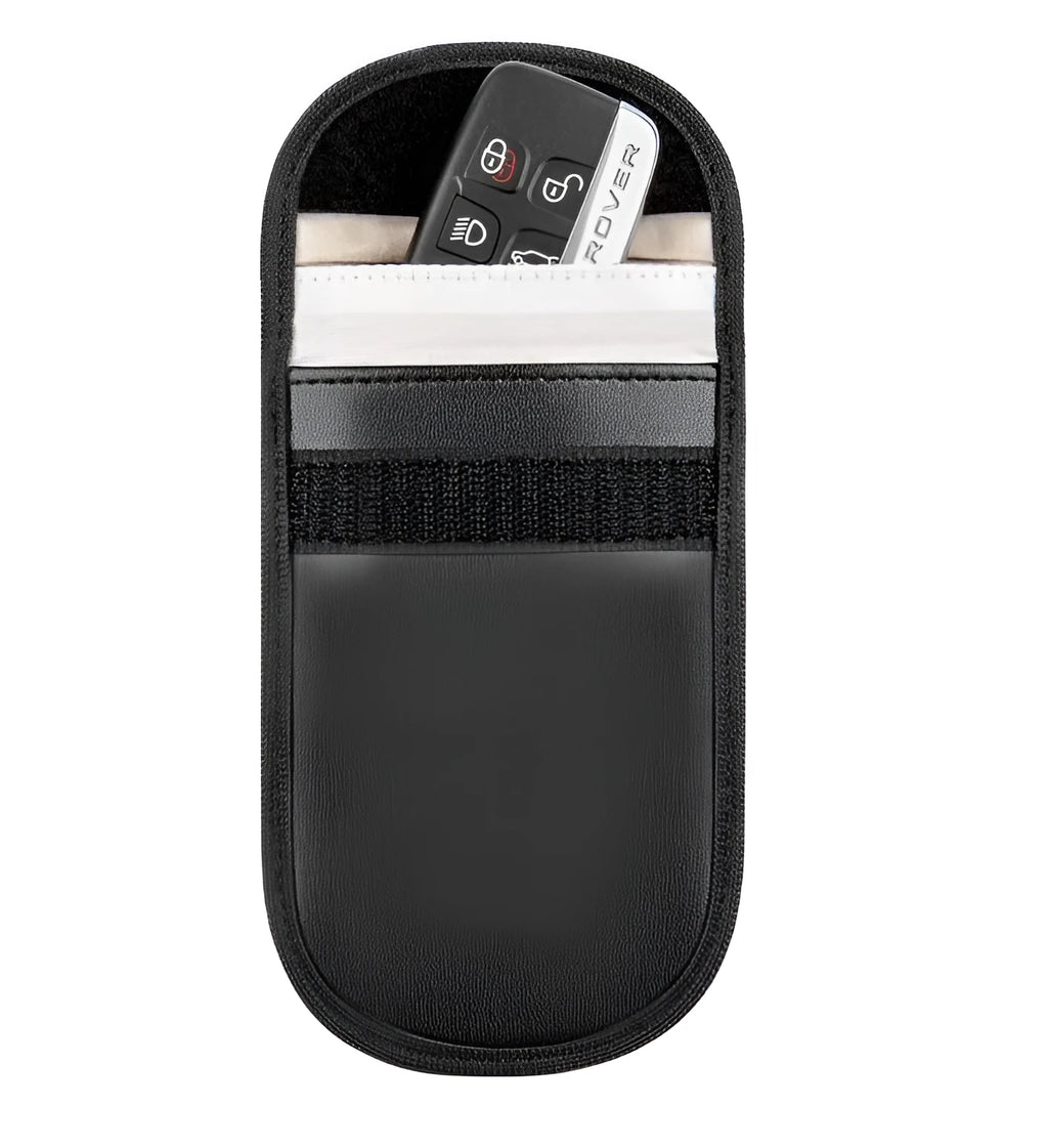 Black microfiber Faraday cage car key signal blocker case measuring 13.5 by 9.5 centimetres
