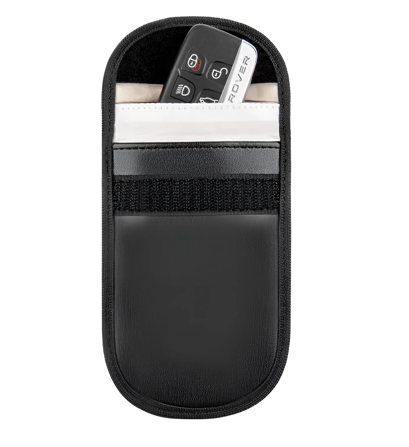 Black microfiber Faraday cage car key signal blocker case measuring 13.5 by 9.5 centimetres