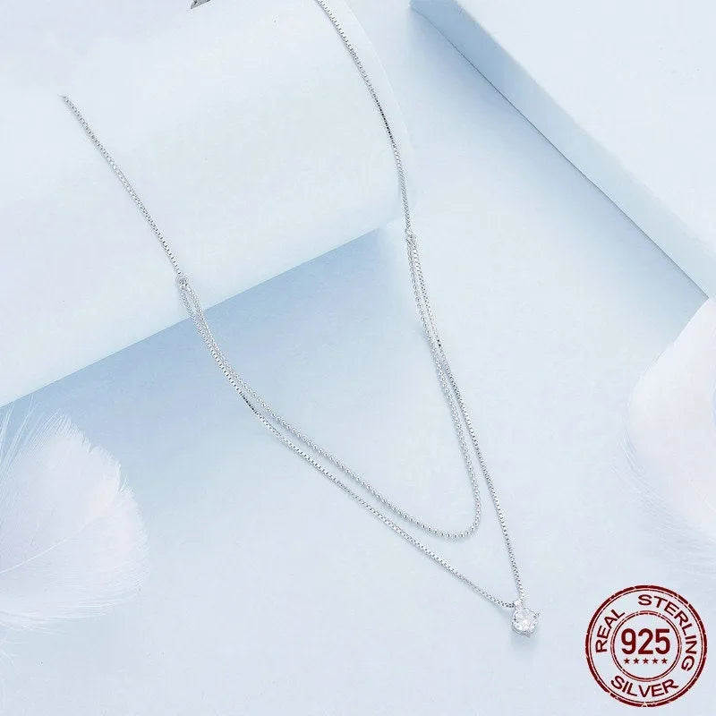 Women's silver double-layer necklace with S925 sterling silver pendant on pearl chain