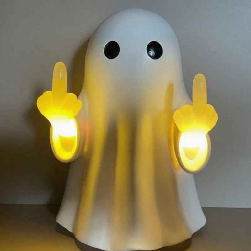 White cute ghost statue night lamp with LED light on, modern Halloween decoration