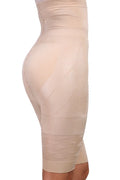 Black seamless high waist shapewear shorts for women laid flat, showing tummy control panel.