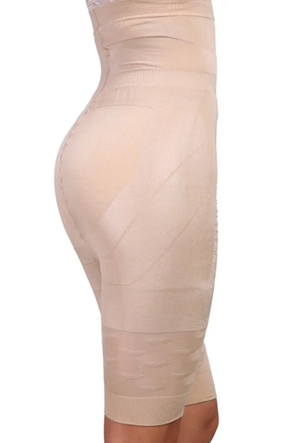 Black seamless high waist shapewear shorts for women laid flat, showing tummy control panel.