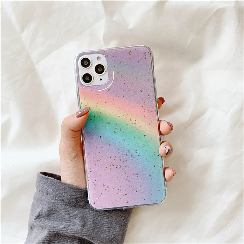 Rainbow gradient striped TPU hard protective case for iPhone on a white background.