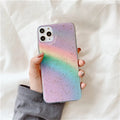 Rainbow gradient striped TPU hard protective case for iPhone on a white background.