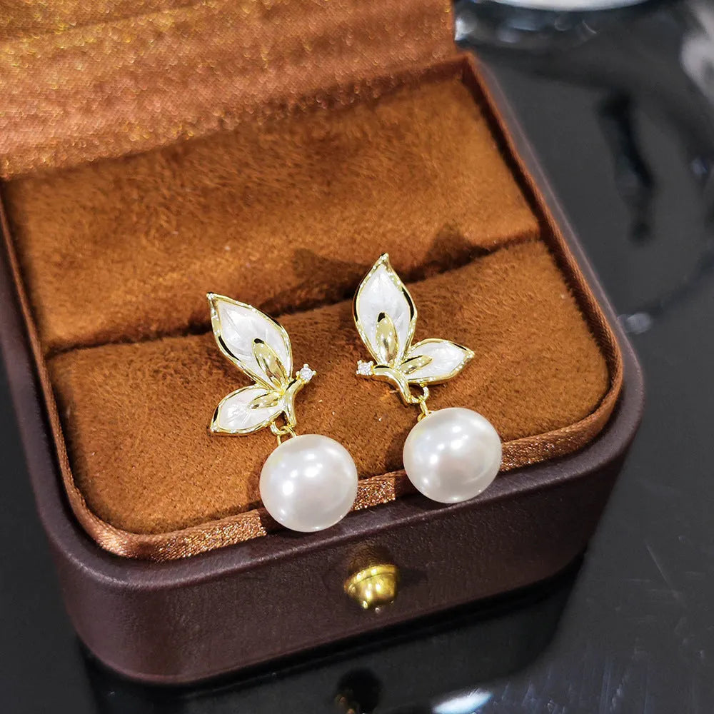 Women's butterfly earrings with zircon painting on copper, electroplated gold tone finish