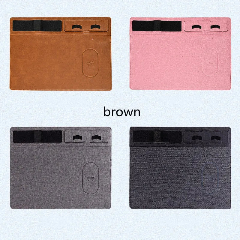 Wireless charging mouse pad with mobile phone holder in PU leather, 320mm x 260mm size