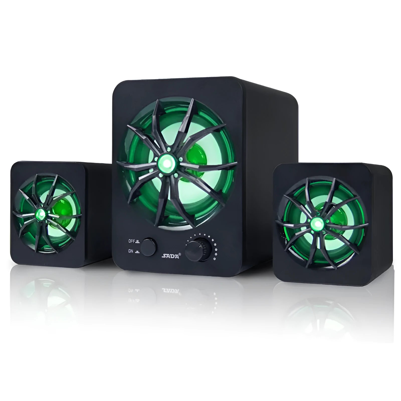 Green 2.1 USB computer speaker with colourful glowing lights and 150cm cable