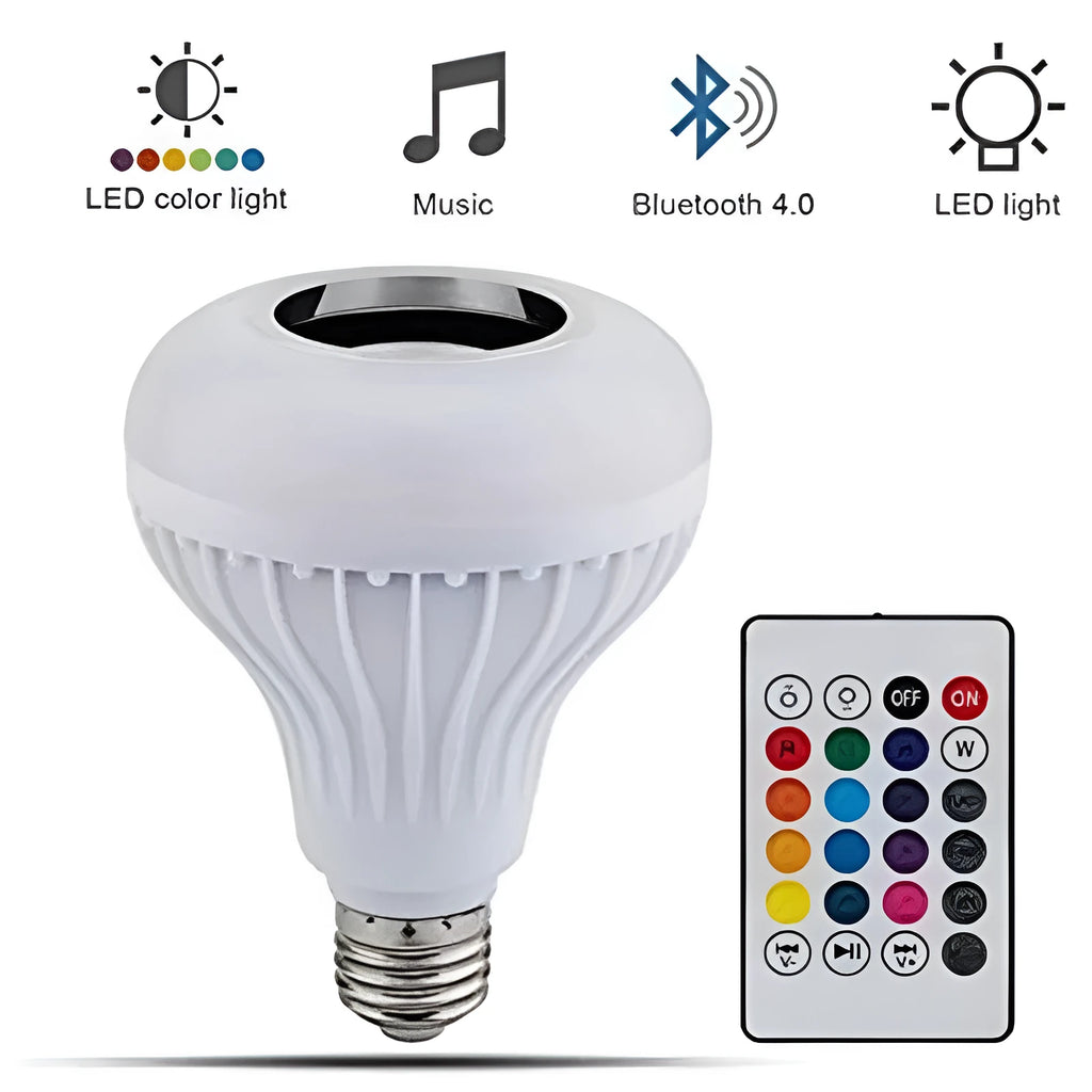 White smart LED bulb with Bluetooth speaker and remote control showing E27 screw base