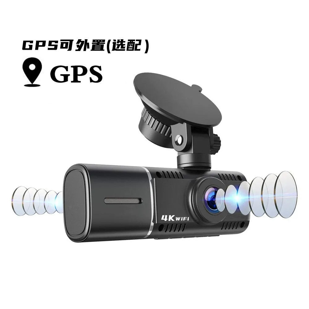 Black 1080p dual recording car dash camera with 1.5 inch screen on a windscreen stand.