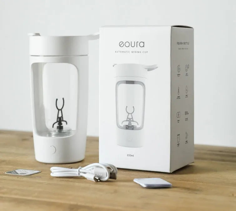 Portable rechargeable blender cup in black, blue, pink, and white colours, showing 650ml capacity and compact size.
