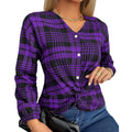 Women's loose plaid casual shirt in purple, gray, or red colours with creative pattern and regular sleeves