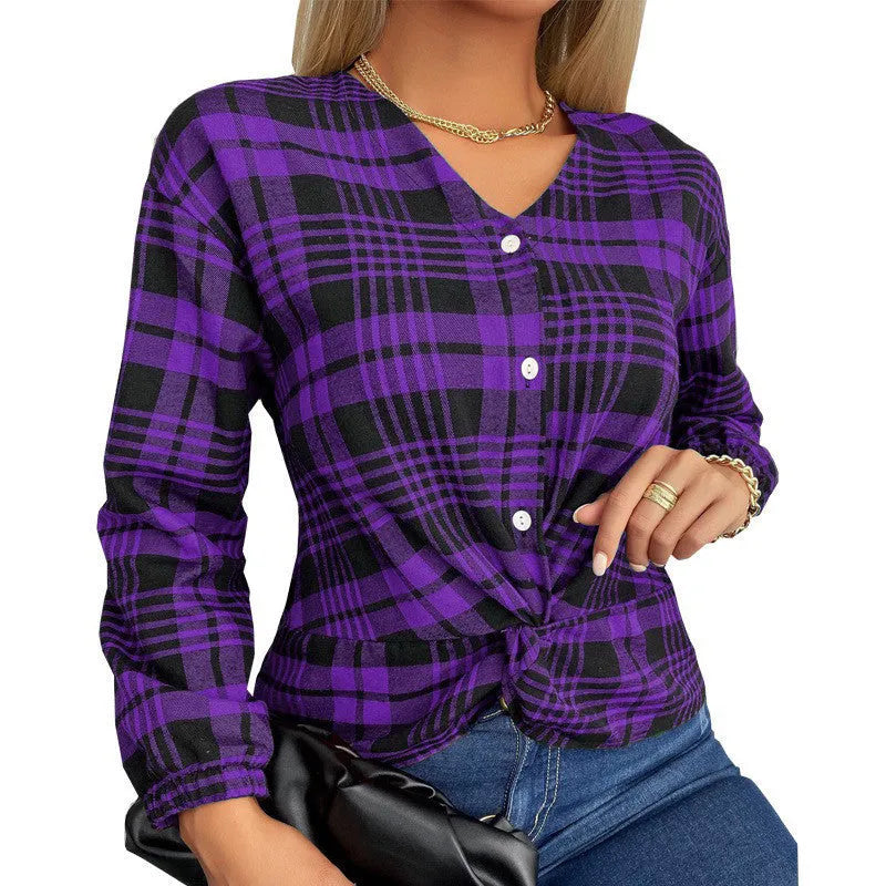 Women's loose plaid casual shirt in purple, gray, or red colours with creative pattern and regular sleeves