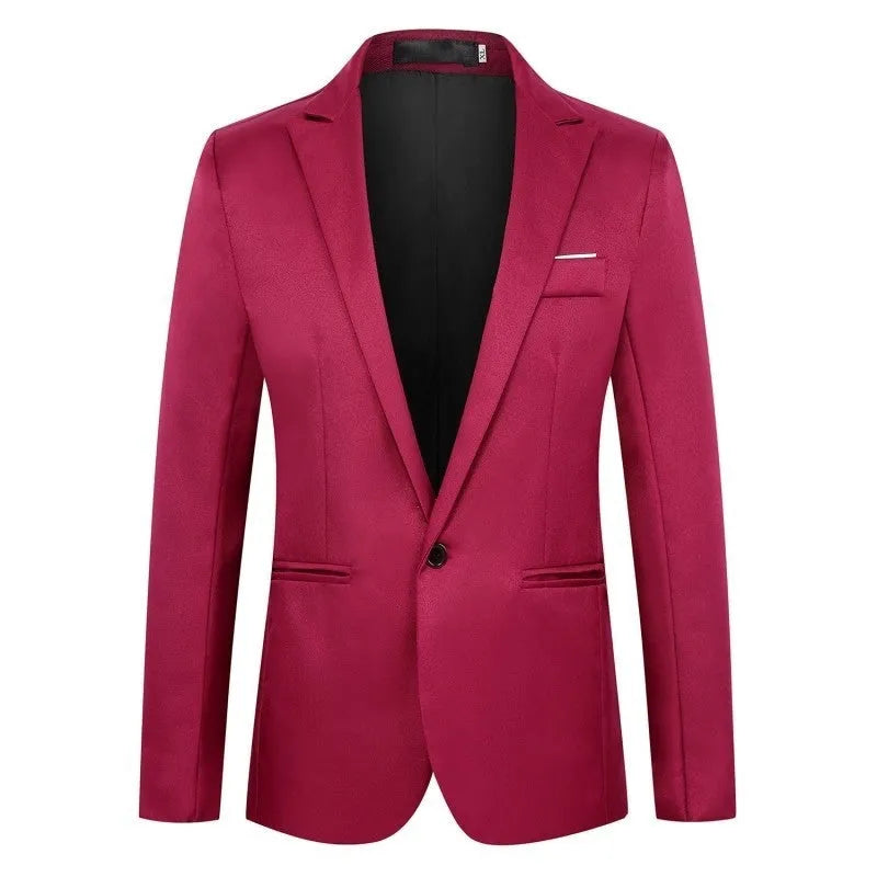Men's loose-fit acetate wedding tuxedo suit in multiple colours on a size chart.